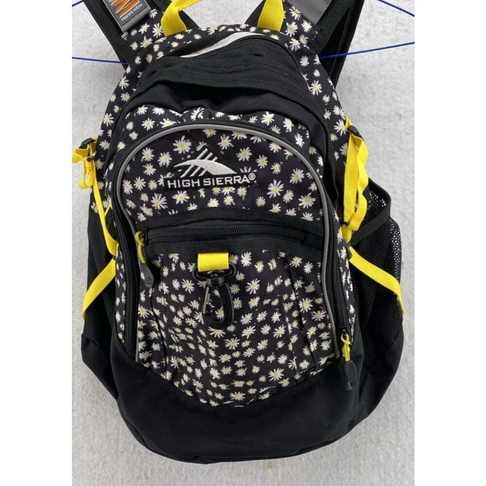 High Sierra Loop Backpack Daisy Floral Print Black Yellow School Travel Daypack